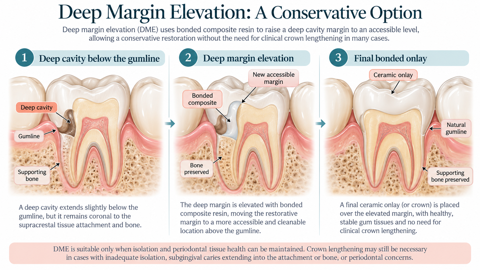 Deep margin elevation diagram: a cavity below the gumline is rebuilt with bonded composite resin, raising the restoration margin before a ceramic onlay is placed while preserving the gumline and supporting bone.