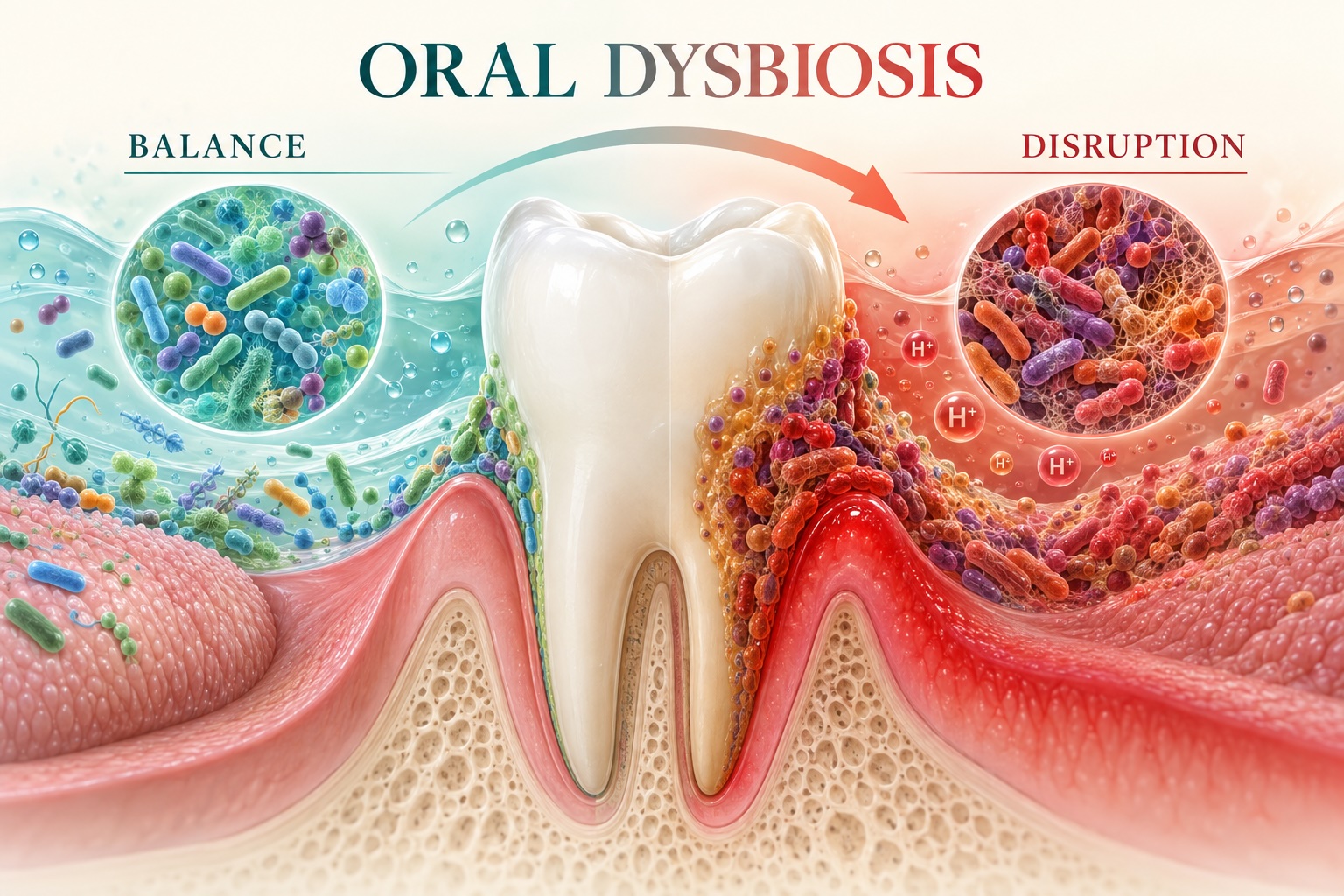 Illustration comparing a balanced oral microbiome with disease-promoting oral dysbiosis around a tooth and gums